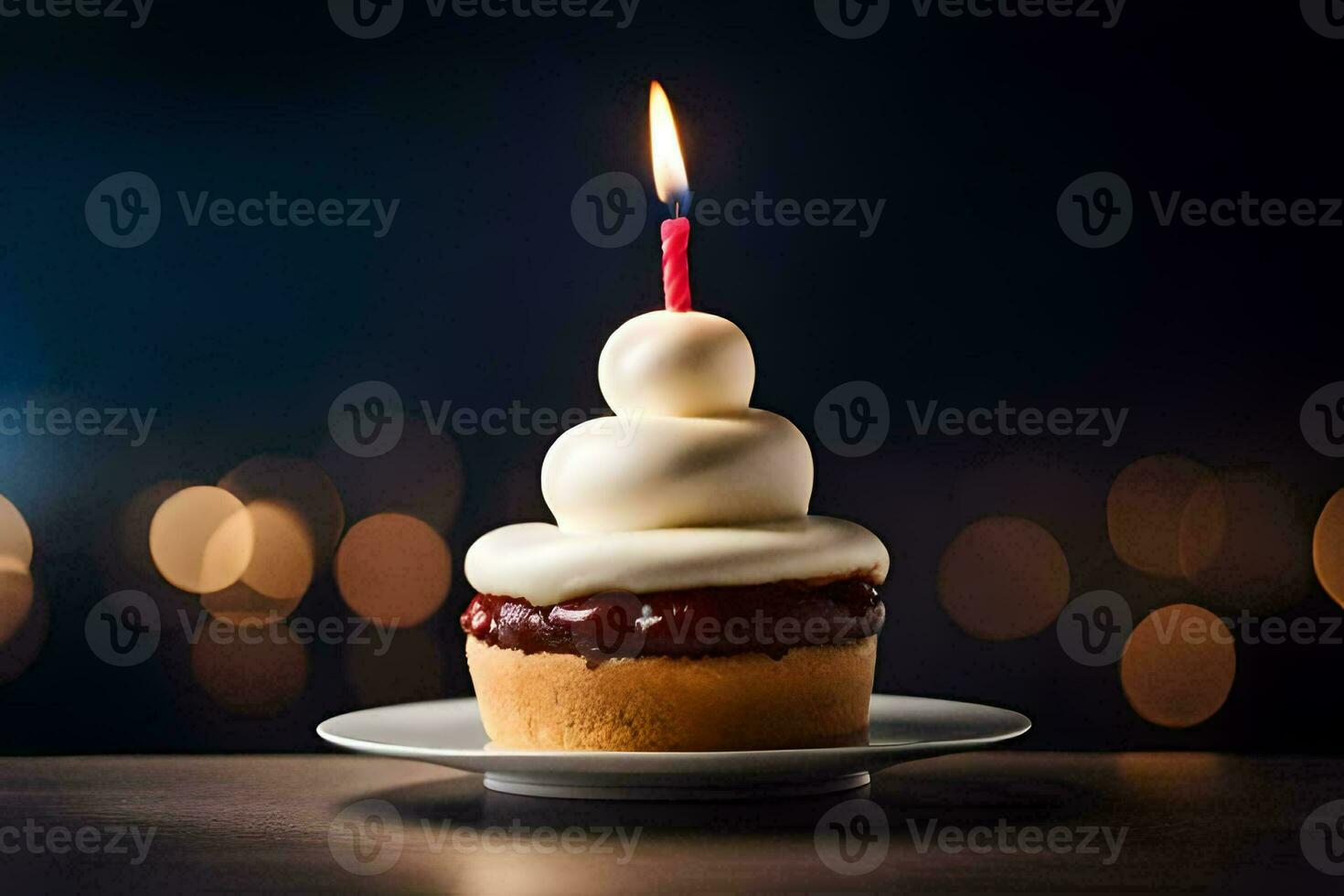 une petit gâteau avec une allumé bougie sur Haut. généré par ai photo