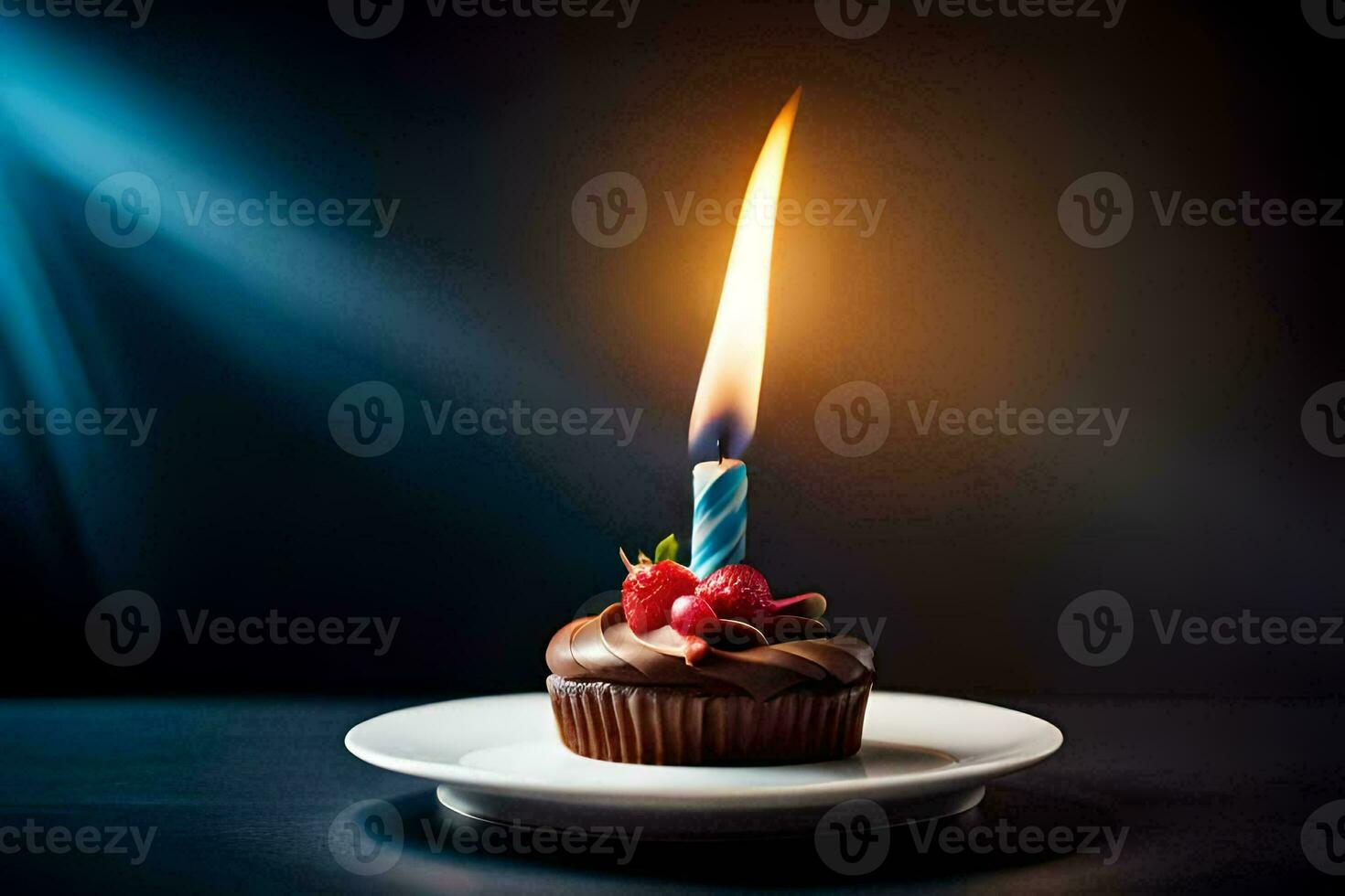 une Chocolat petit gâteau avec une allumé bougie sur Haut. généré par ai photo