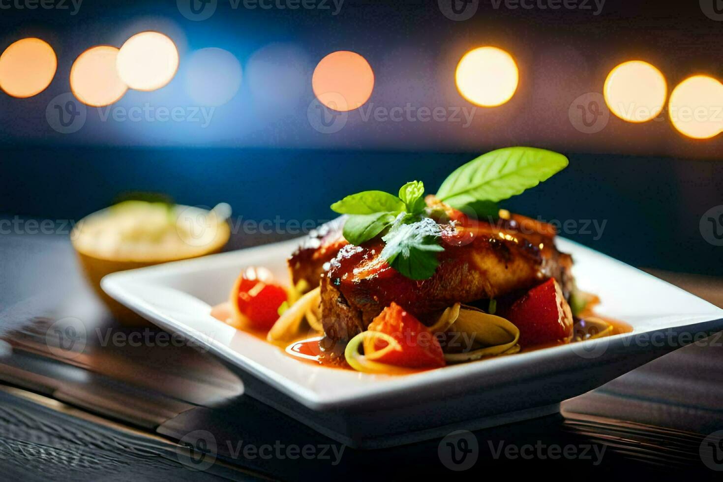 une assiette de nourriture avec sauce et des légumes. généré par ai photo