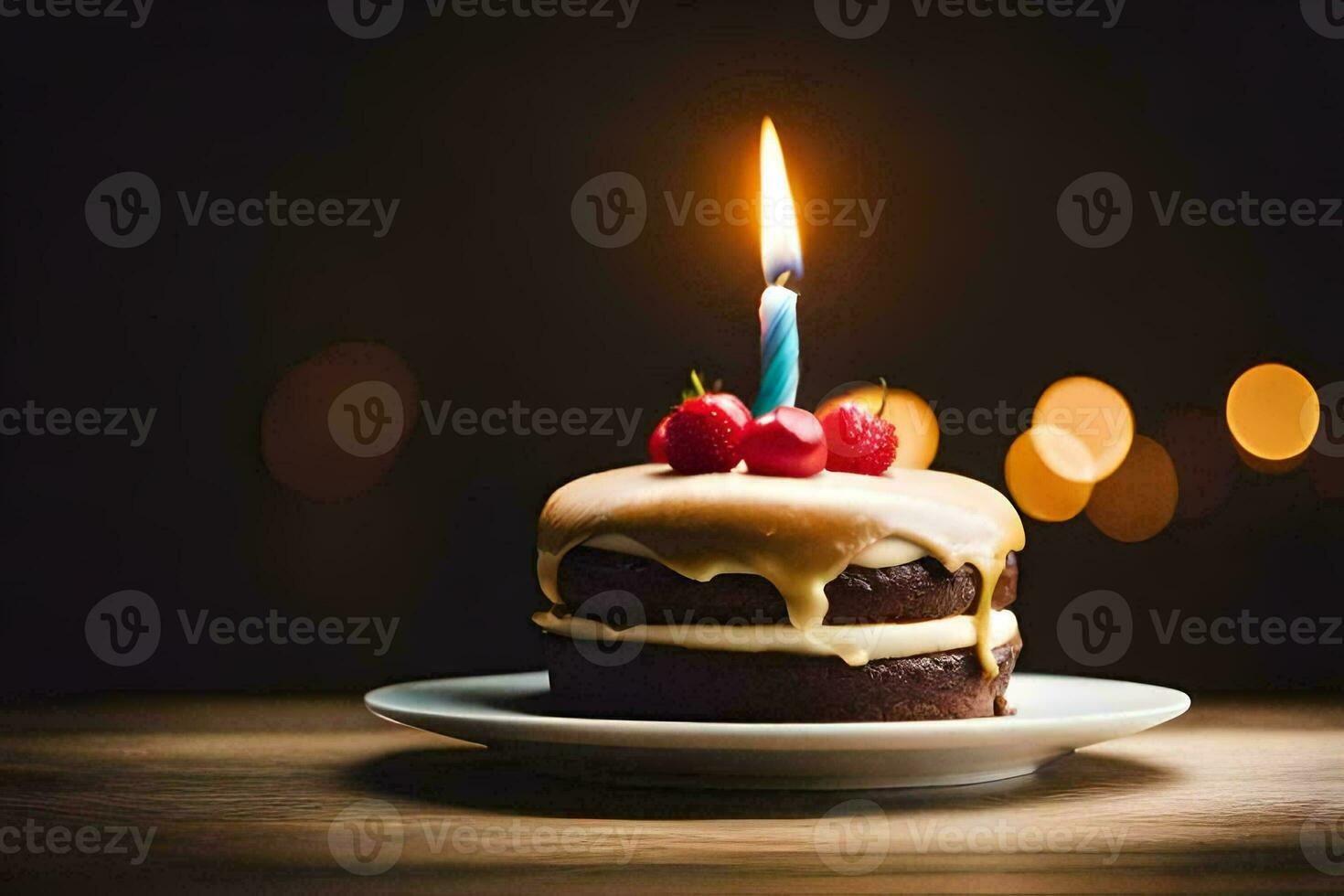 une anniversaire gâteau avec une Célibataire bougie sur Haut. généré par ai photo