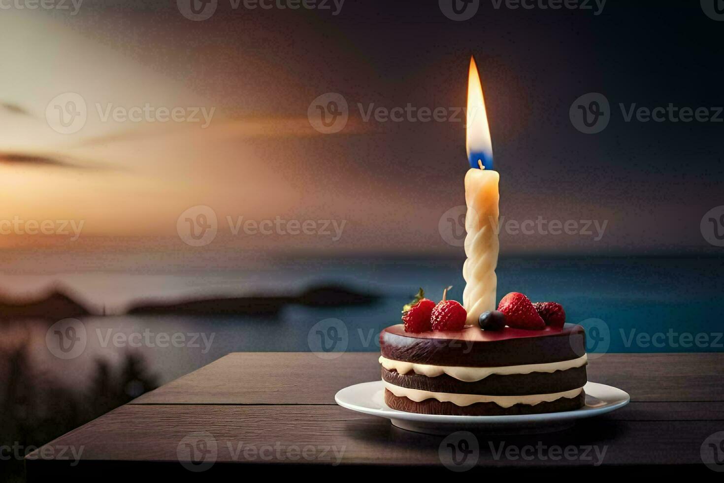 une Chocolat gâteau avec une Célibataire bougie sur Haut. généré par ai photo