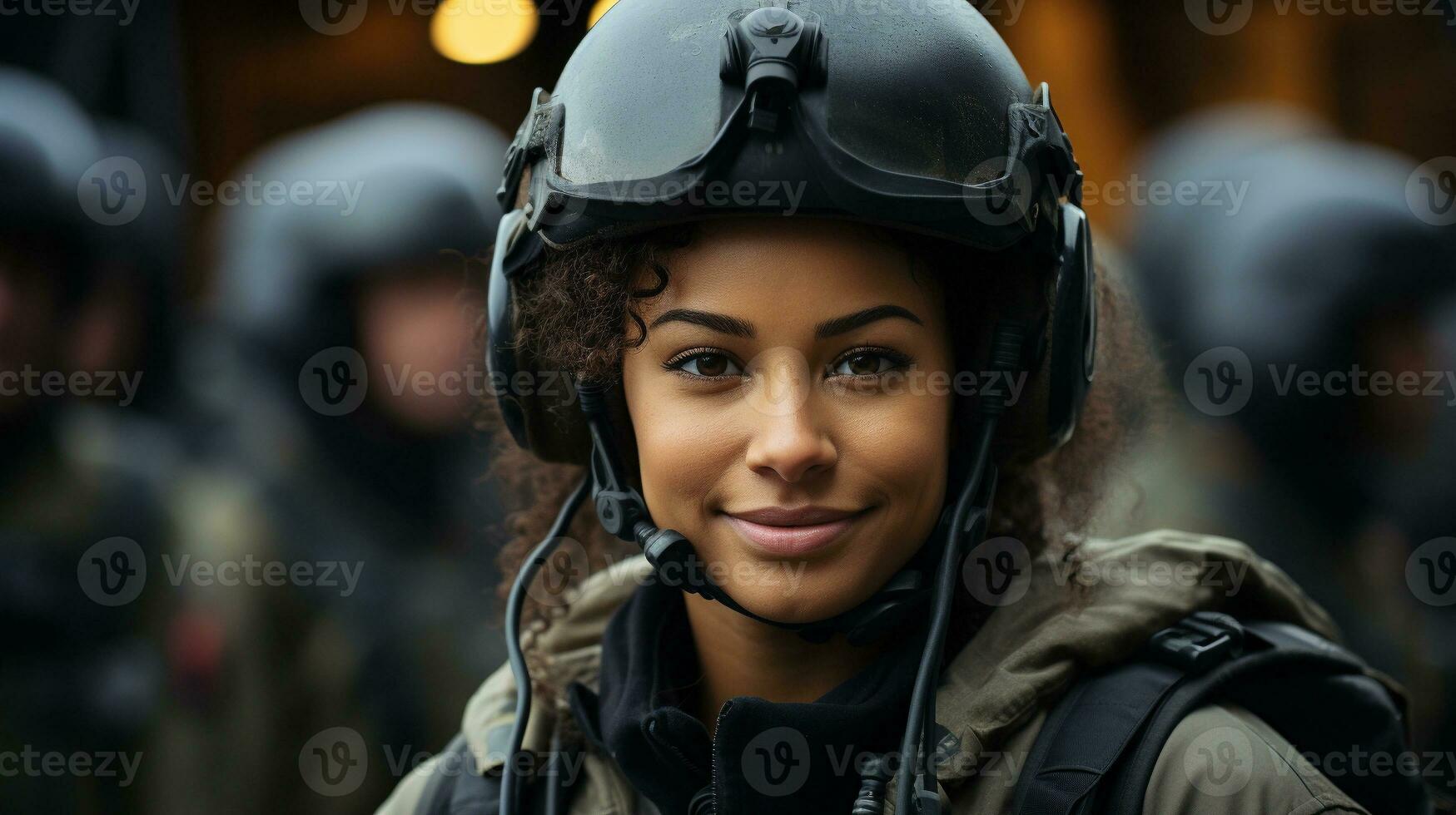 femelle africain américain militaire hélicoptère pilote permanent près sa avion - génératif ai. photo