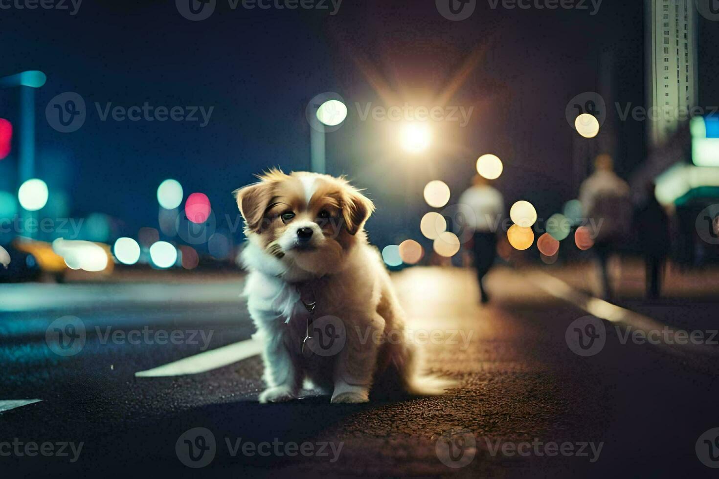 une chien séance sur le rue à nuit. généré par ai photo