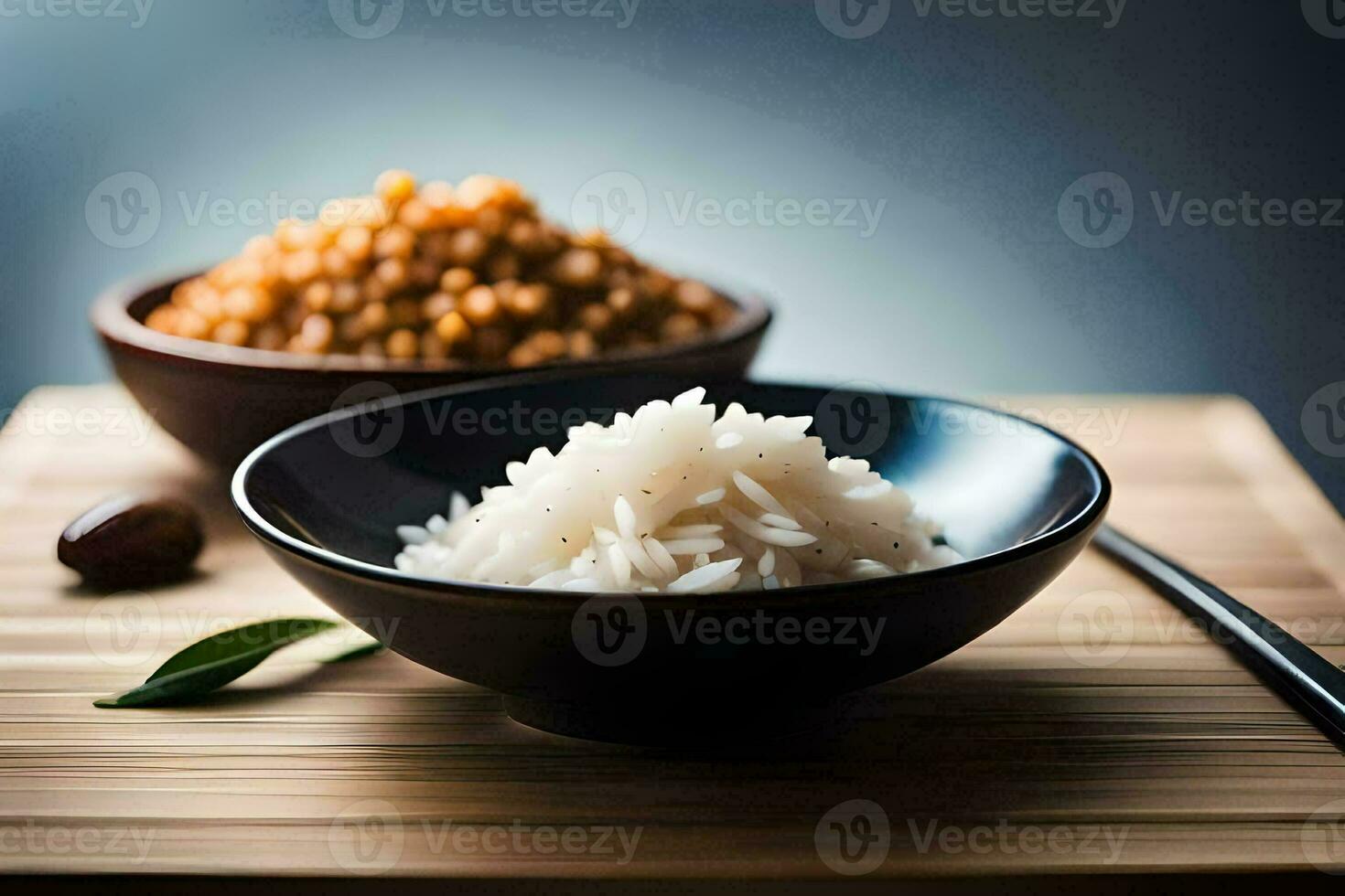 une bol de riz et une bol de haricots. généré par ai photo