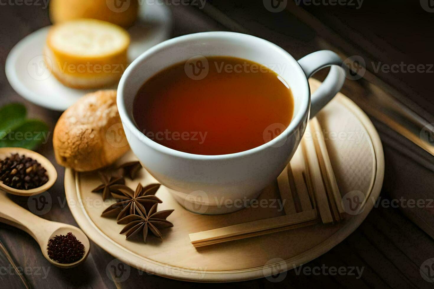 une tasse de thé avec épices et une cuillère. généré par ai photo