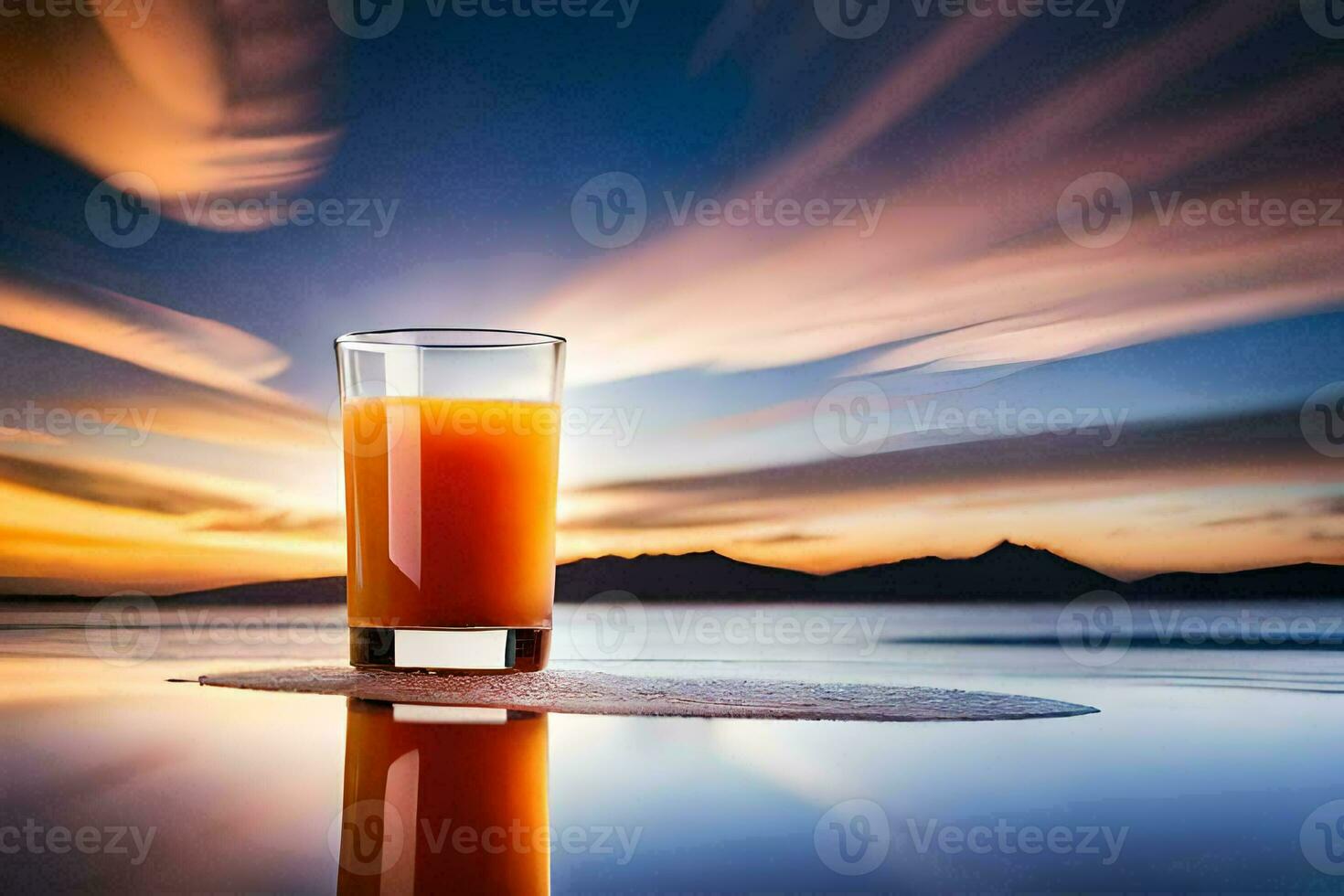 une verre de Orange jus sur le plage à le coucher du soleil. généré par ai photo