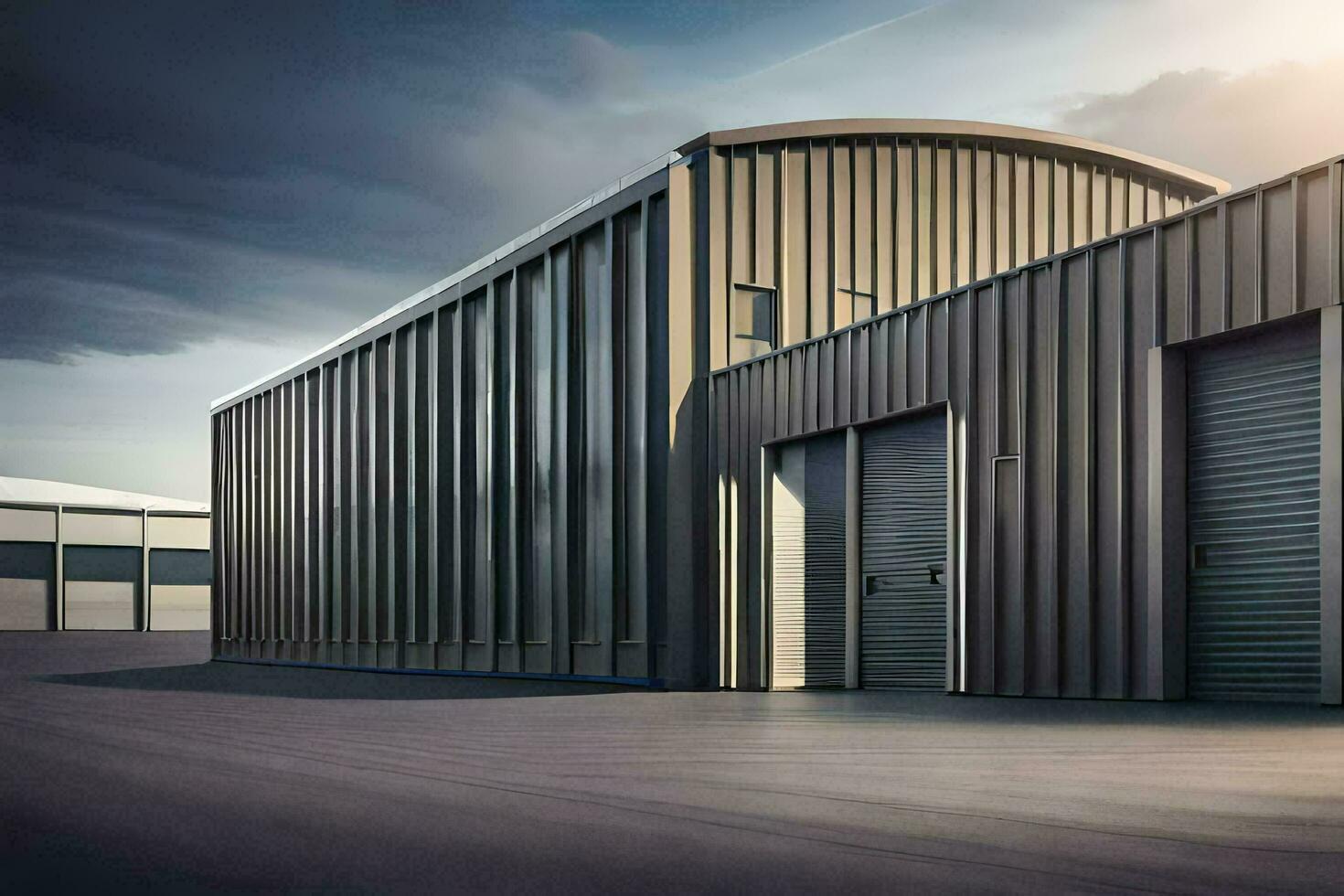 une grand industriel bâtiment avec deux garage des portes. généré par ai photo