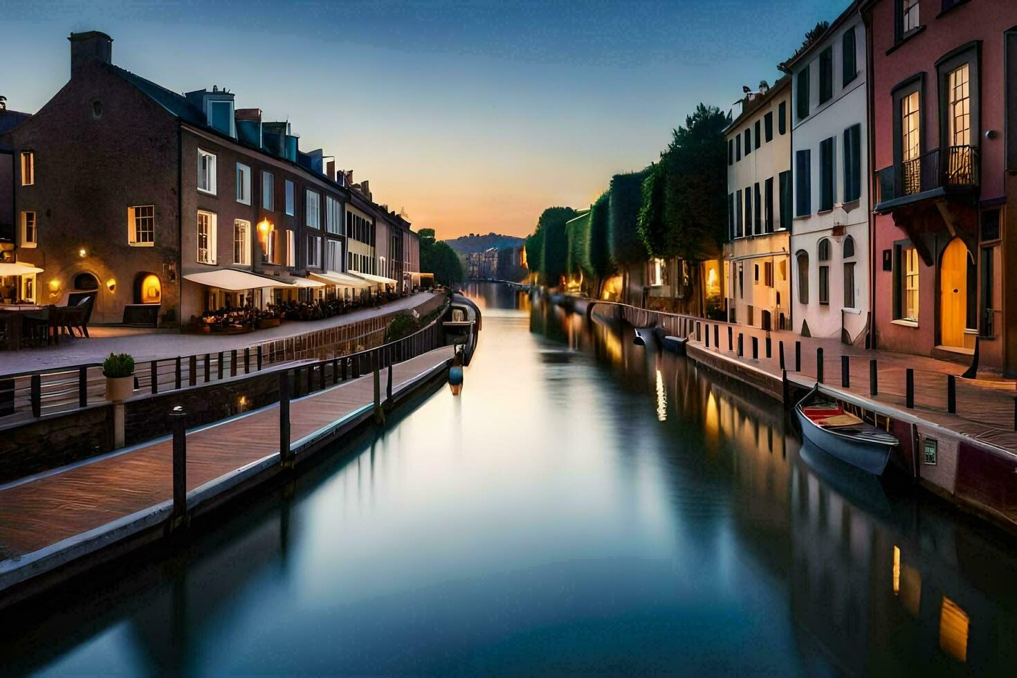 une canal dans le milieu de une ville à crépuscule. généré par ai photo