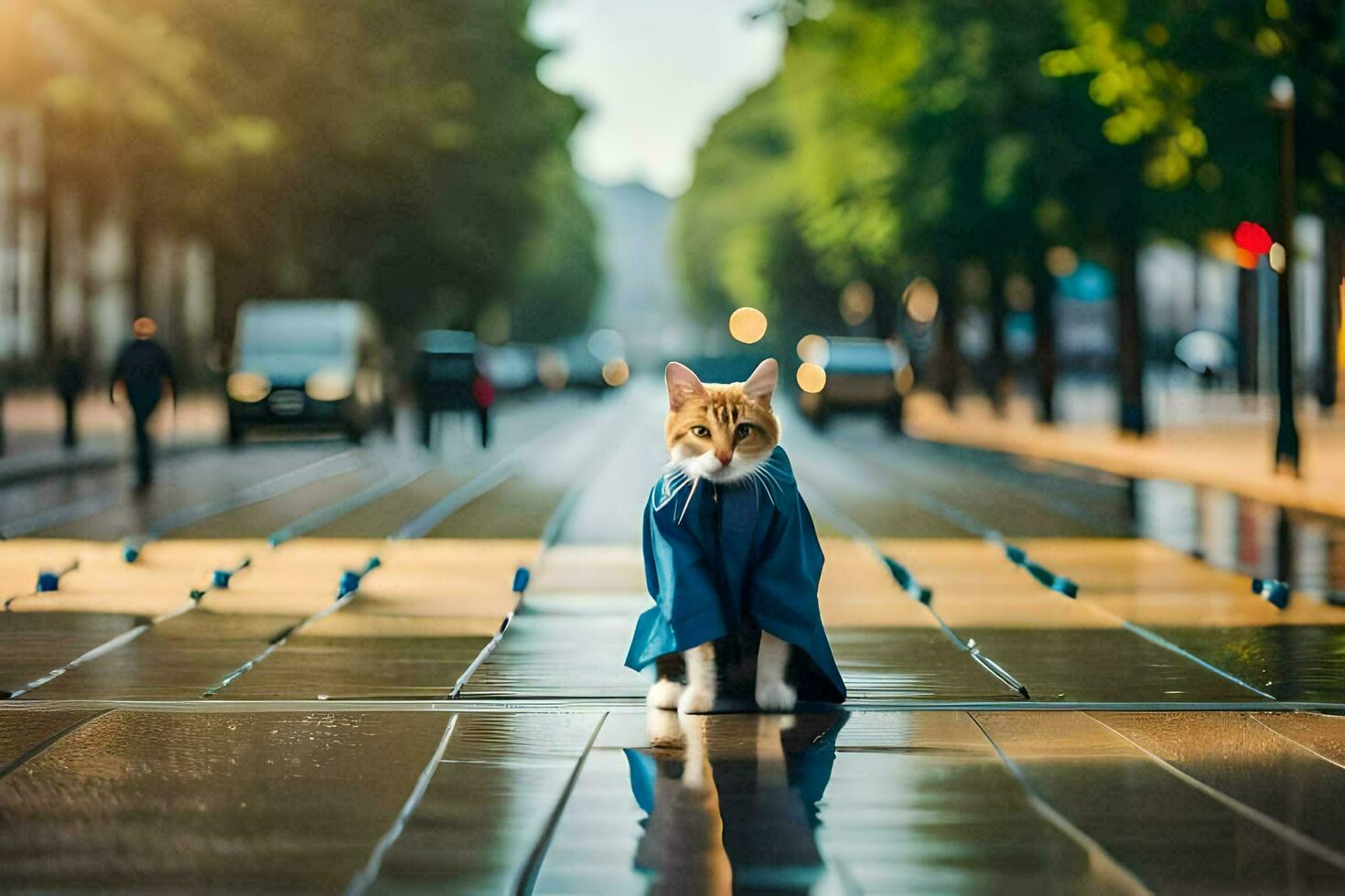 une chat dans une bleu manteau permanent sur une rue. généré par ai photo