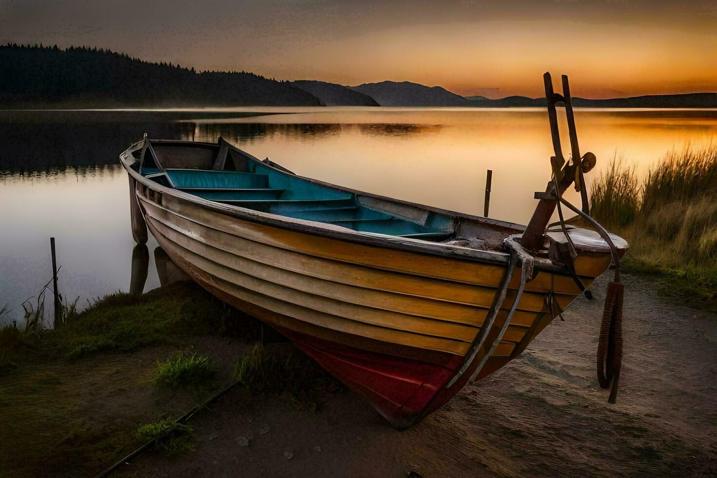 une bateau est assis sur le rive à le coucher du soleil. généré par ai photo