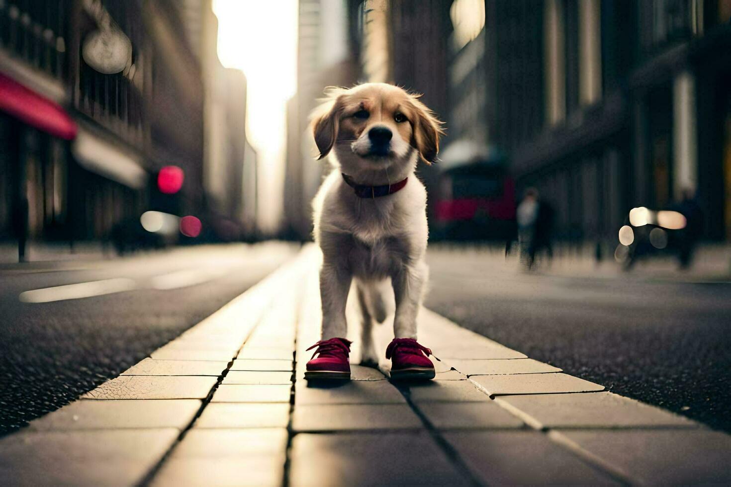 une chien portant rouge des chaussures permanent sur une rue. généré par ai photo