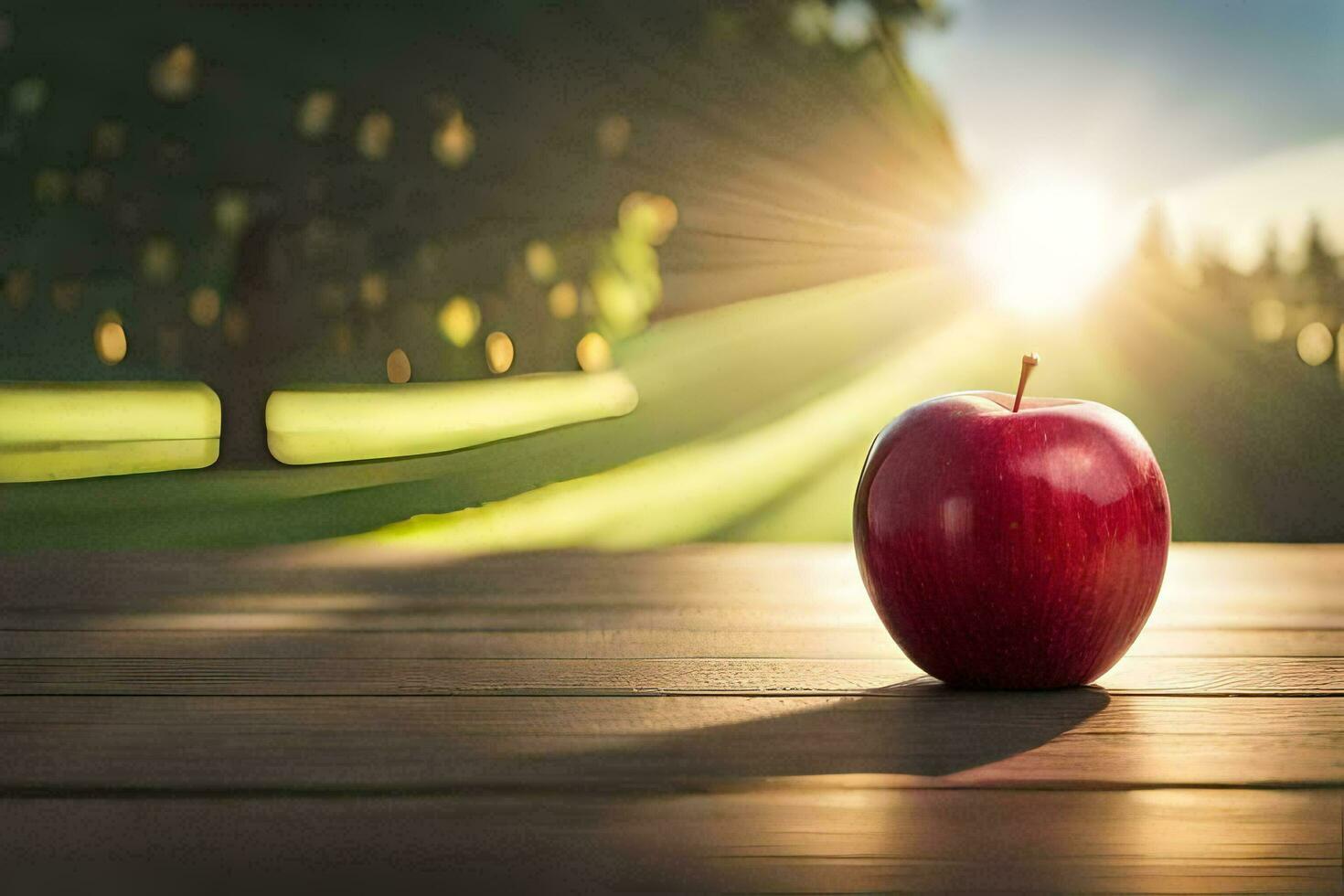 un Pomme est assis sur une en bois table dans de face de le Soleil. généré par ai photo