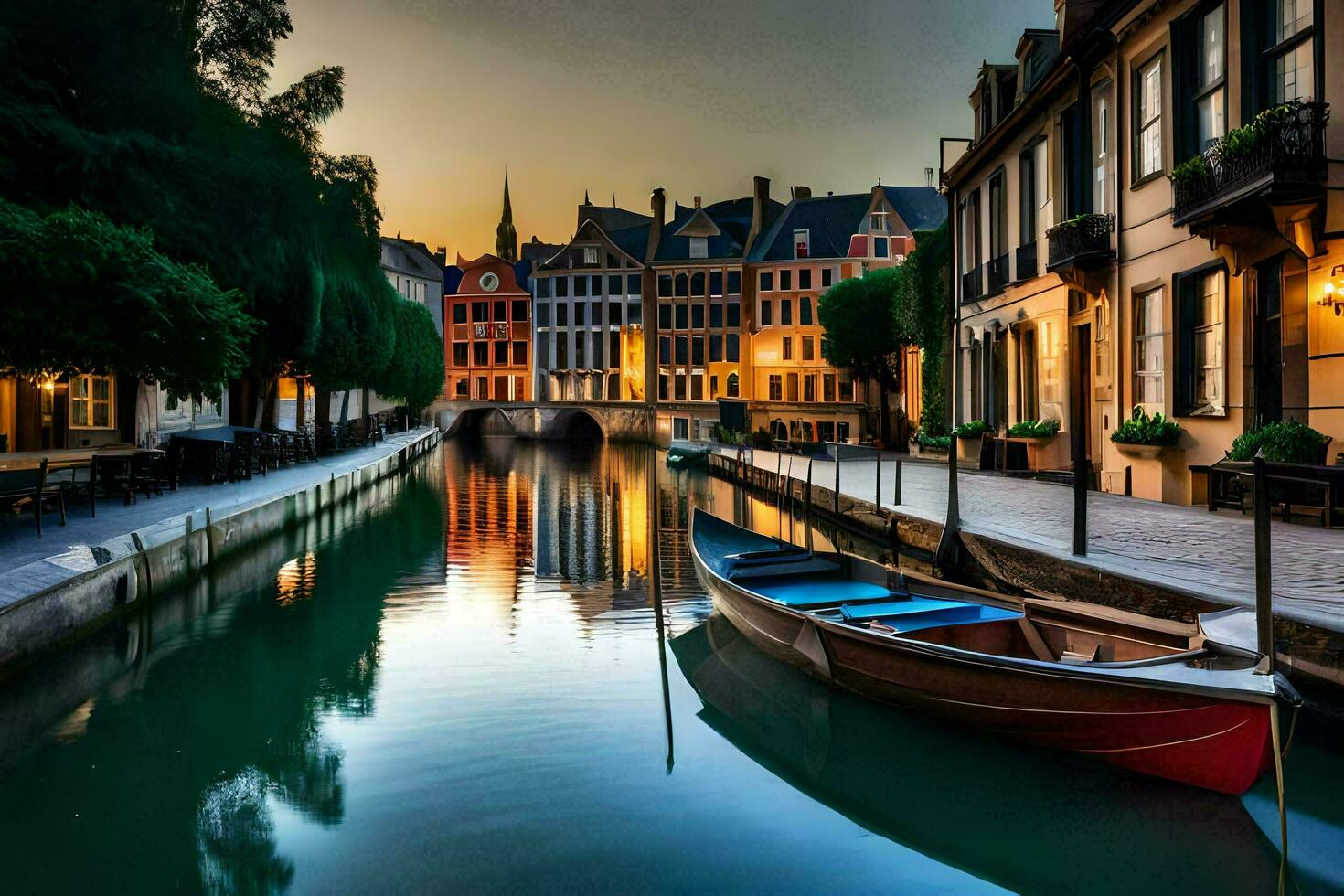 une bateau est amarré dans une canal à crépuscule. généré par ai photo