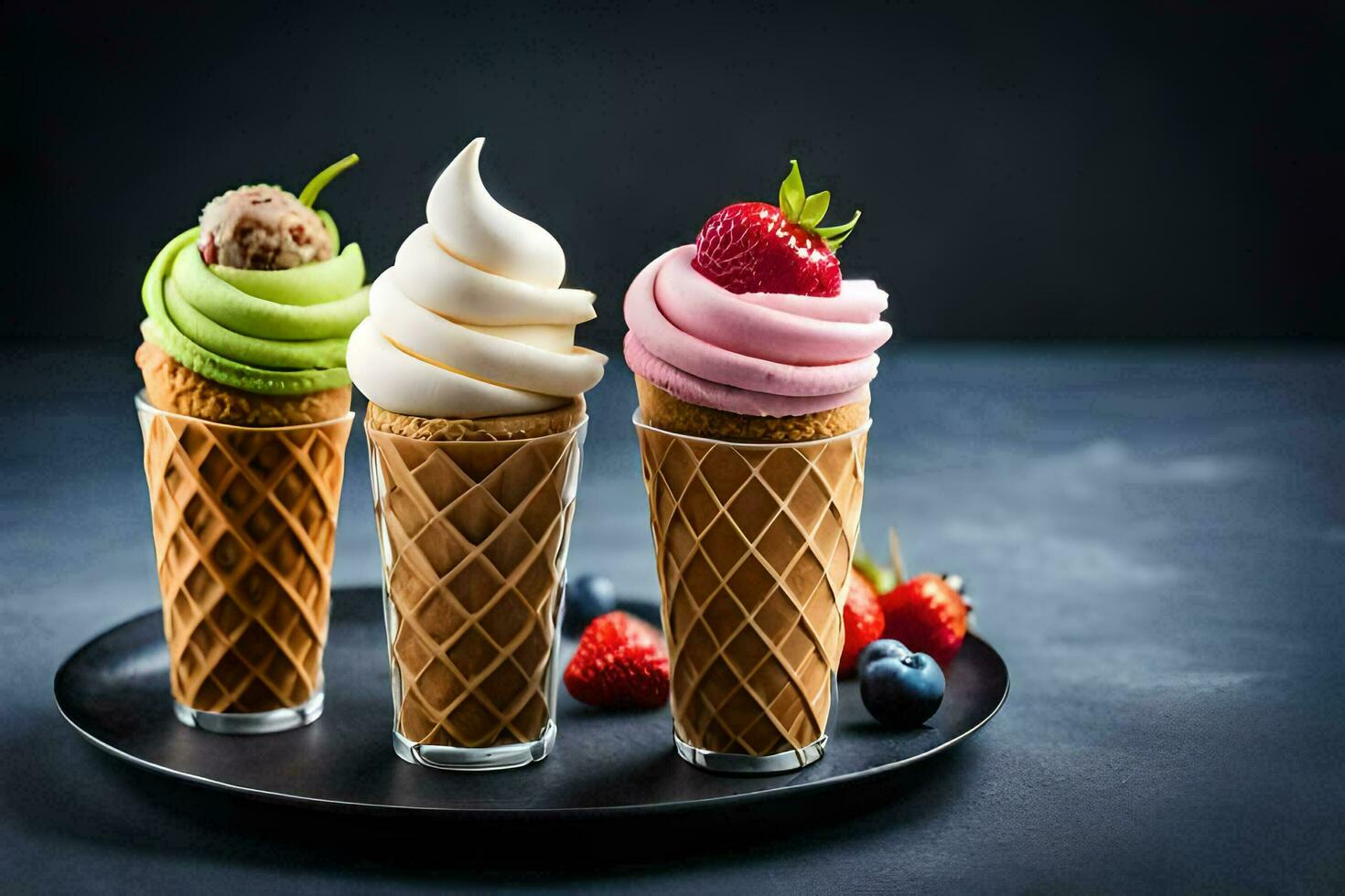 Trois la glace crème cônes avec différent les saveurs sur une noir plaque. généré par ai photo