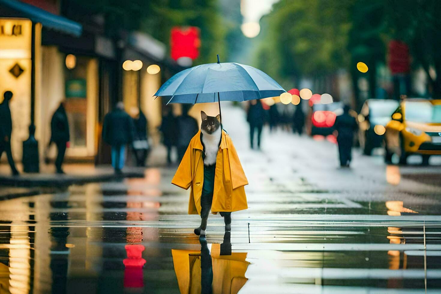 une chien dans une imperméable en marchant vers le bas une rue. généré par ai photo