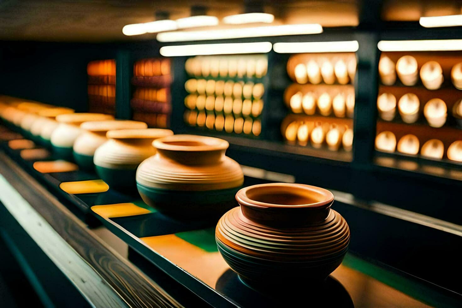 une rangée de des vases doublé en haut sur une étagère. généré par ai photo