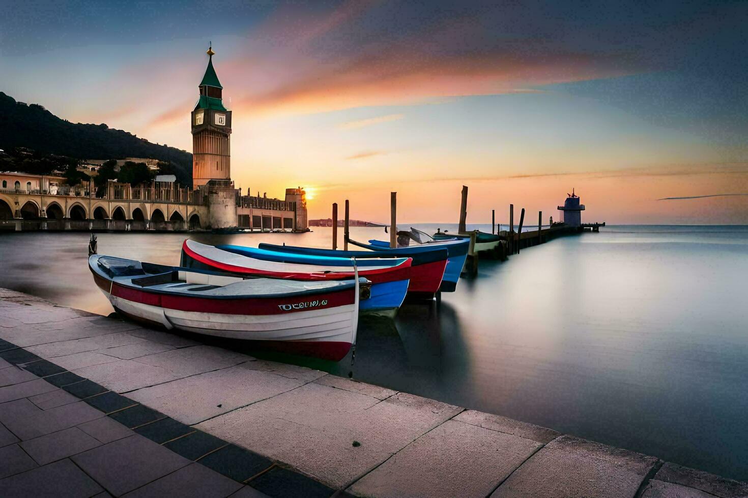 bateaux amarré à le jetée dans de face de une église. généré par ai photo