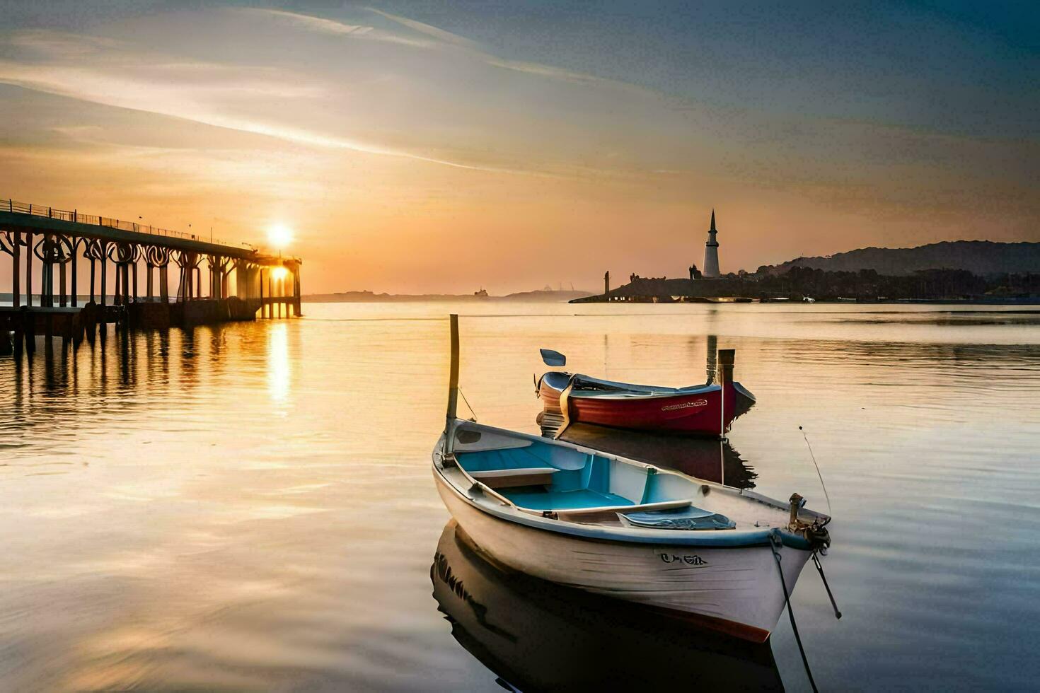 deux bateaux asseoir dans le l'eau à le coucher du soleil. généré par ai photo