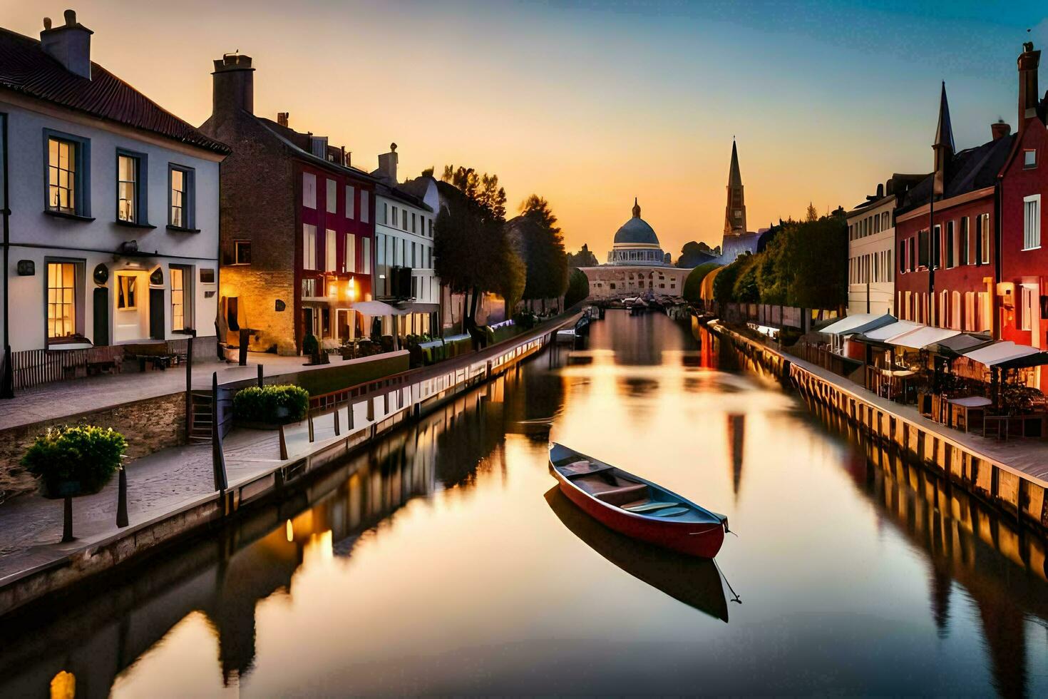 une bateau est séance sur une canal à le coucher du soleil. généré par ai photo