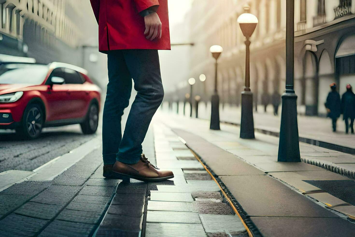 une homme dans rouge manteau permanent sur le rue suivant à une rouge auto. généré par ai photo