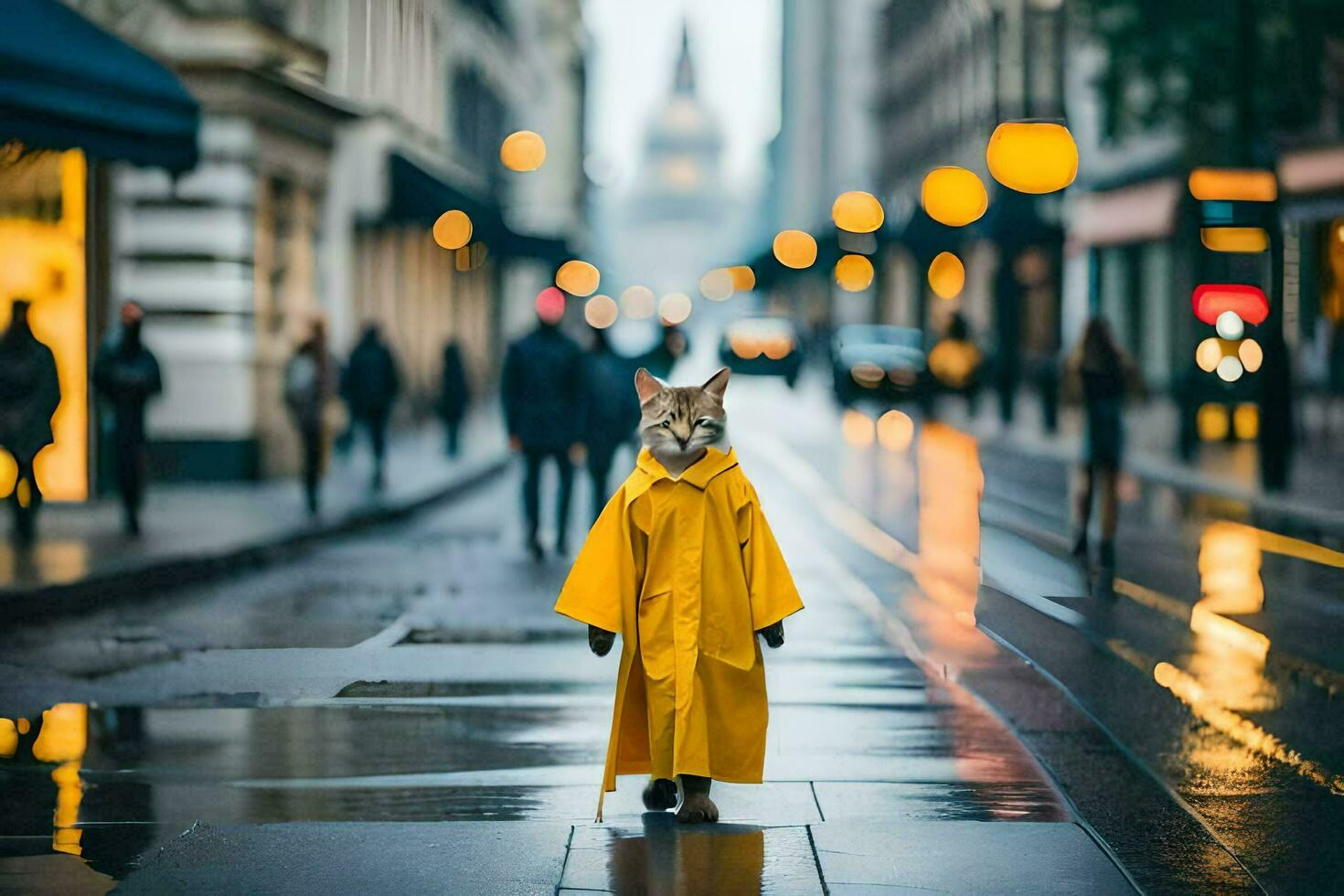 une Renard dans une imperméable en marchant vers le bas une rue. généré par ai photo