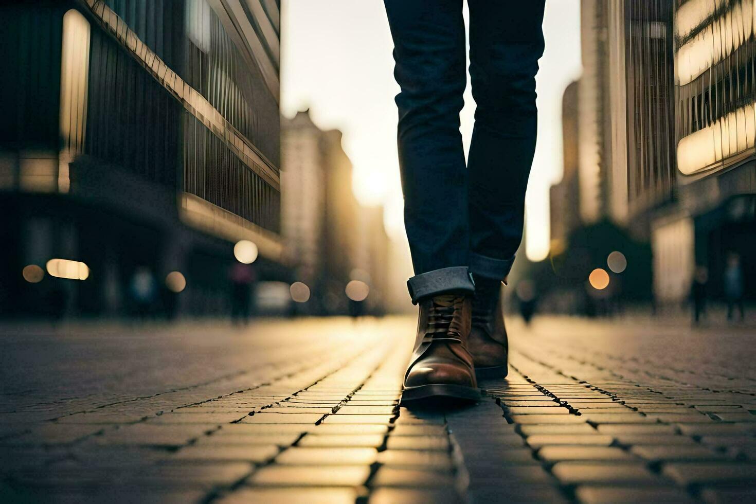 une la personne en marchant vers le bas une ville rue à le coucher du soleil. généré par ai photo