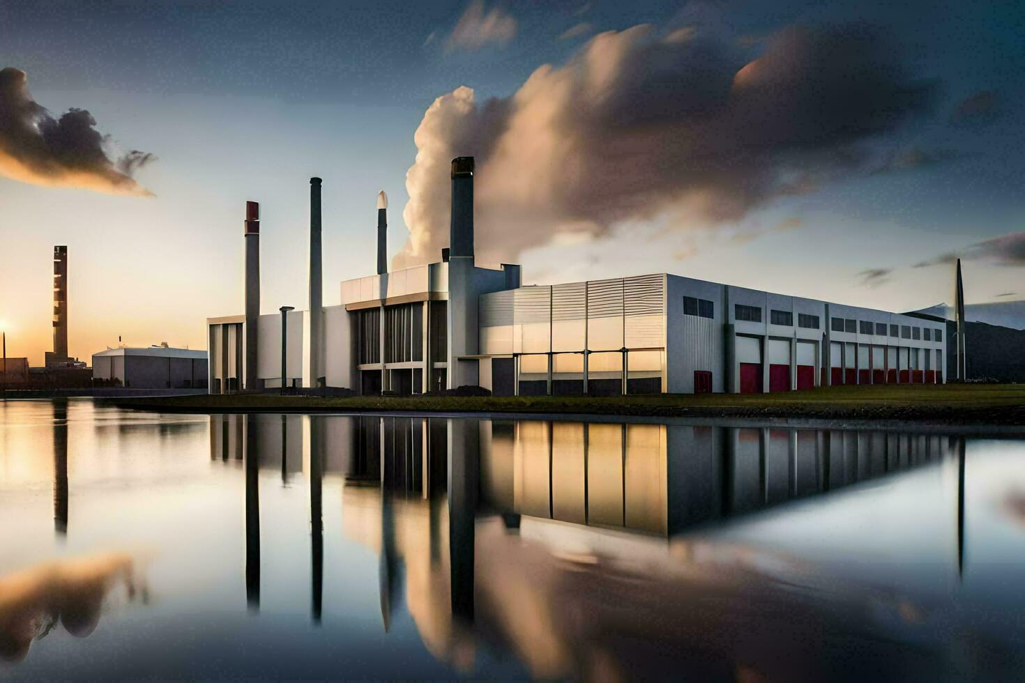 une usine avec fumée piles et l'eau. généré par ai photo