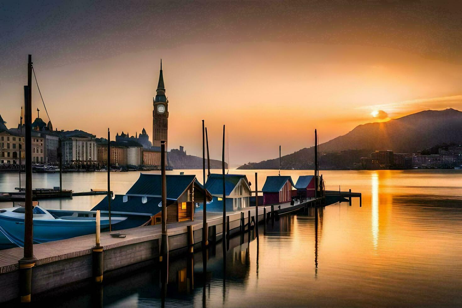 le Soleil ensembles plus de le l'eau et bateaux dans le premier plan. généré par ai photo