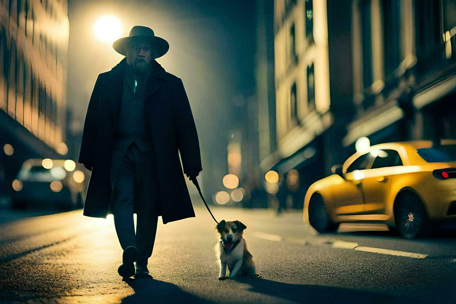 une homme dans une chapeau et manteau en marchant le sien chien dans le ville à nuit. généré par ai photo