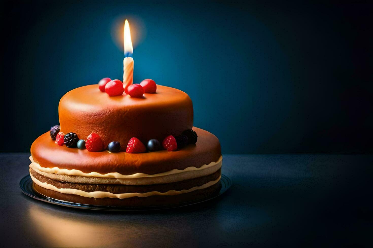 une Chocolat anniversaire gâteau avec une Célibataire bougie. généré par ai photo