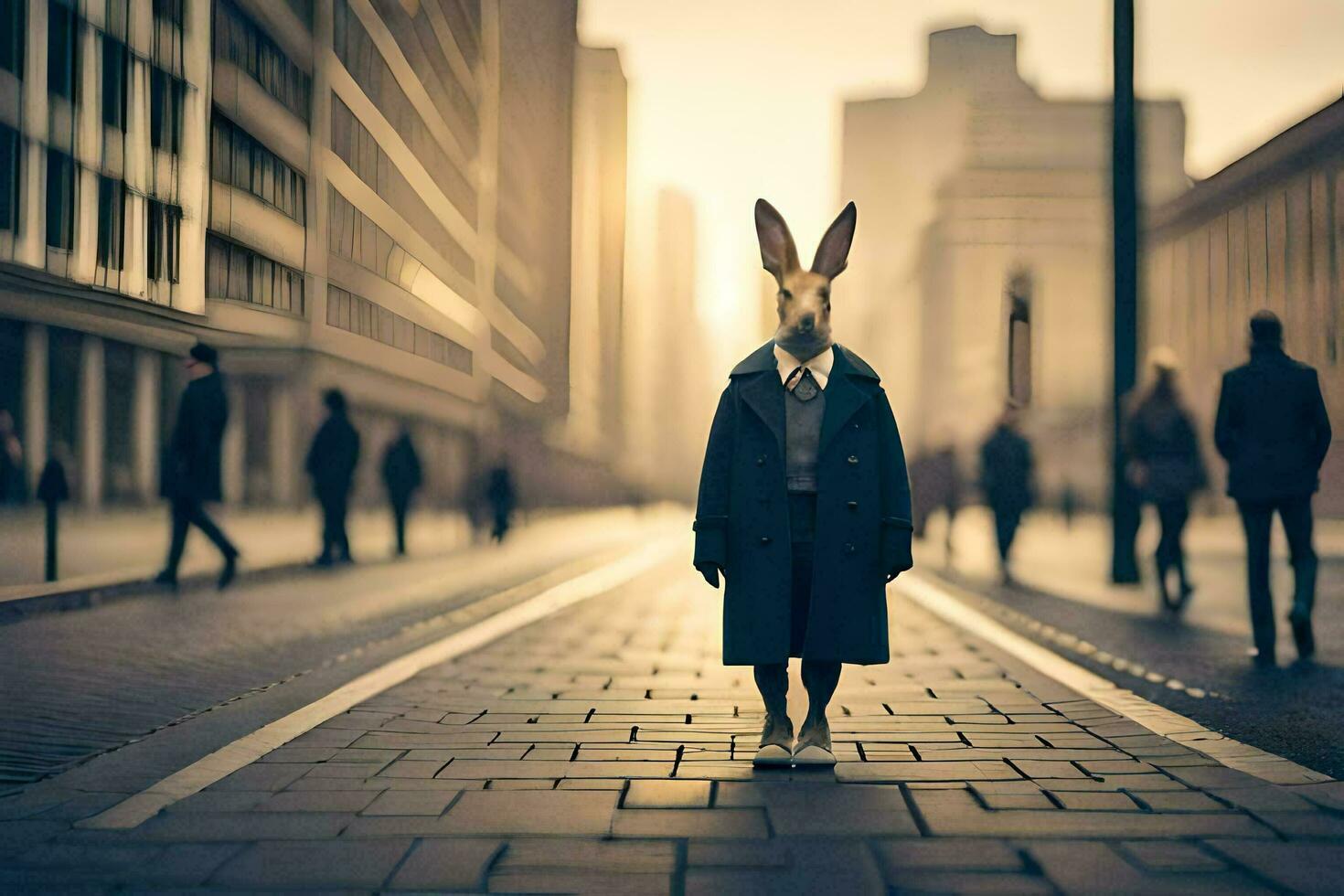 une lapin portant une manteau et attacher des stands dans le milieu de une ville rue. généré par ai photo