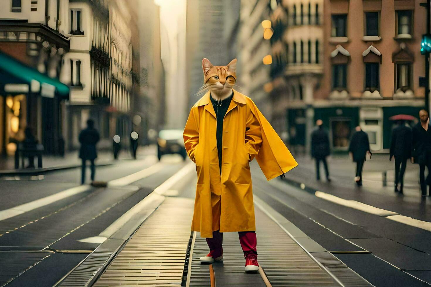 une chat portant une Jaune manteau et en marchant vers le bas une ville rue. généré par ai photo