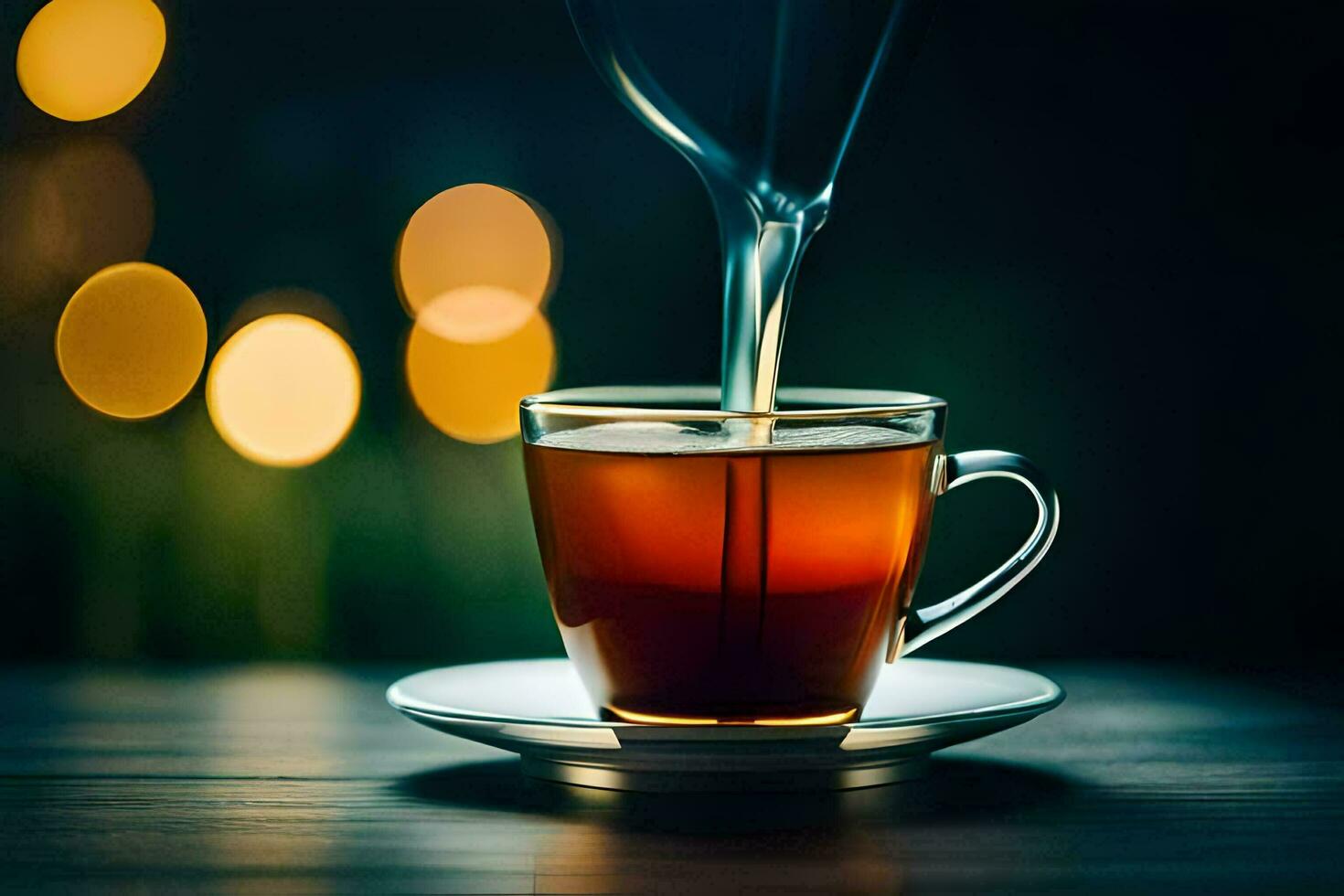 une tasse de thé sur une en bois tableau. généré par ai photo