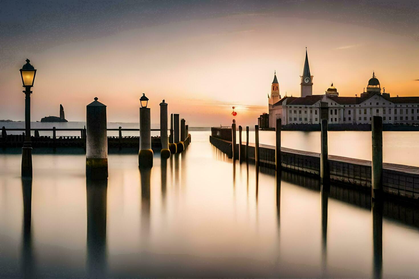 le Soleil ensembles plus de une jetée dans le l'eau. généré par ai photo