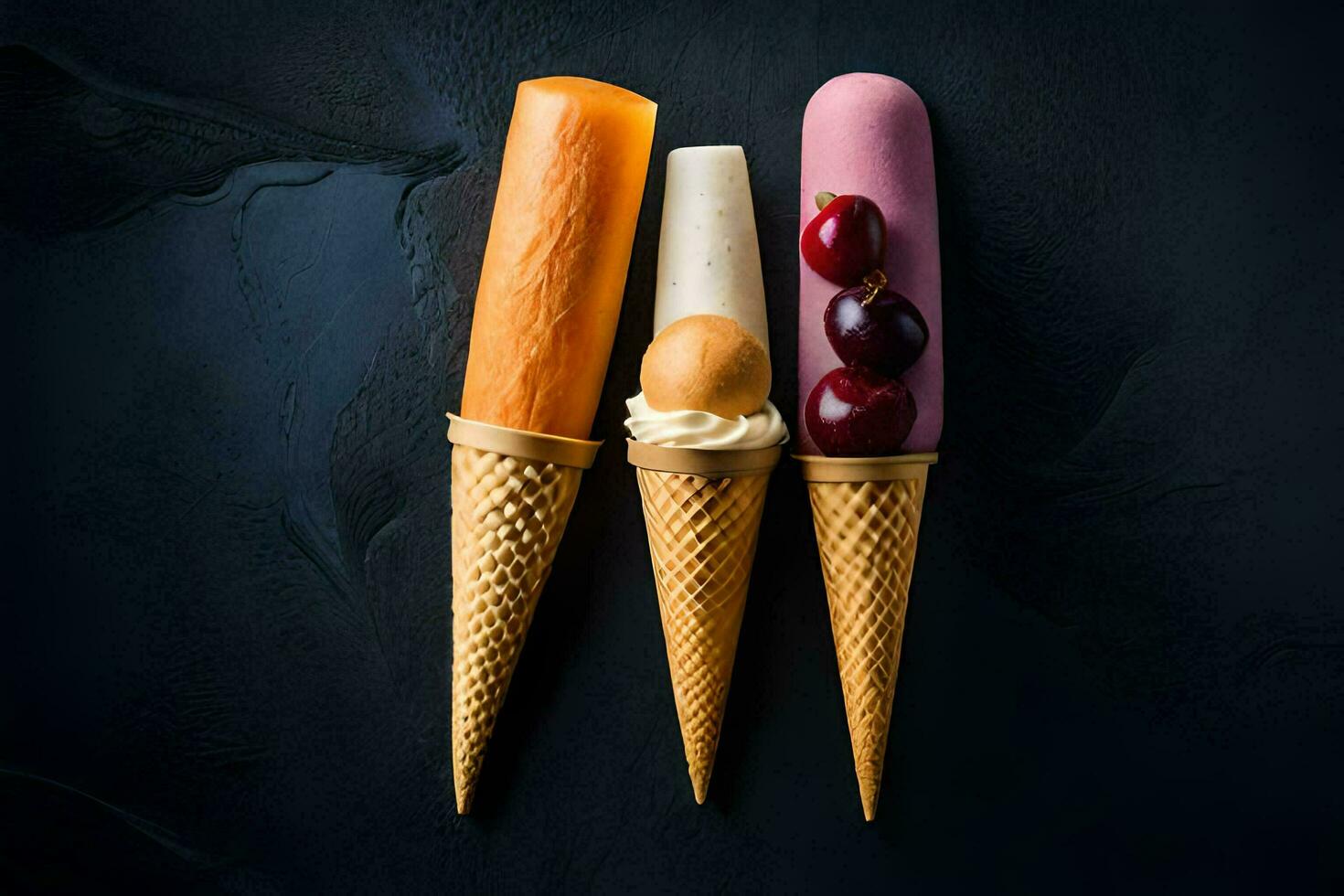 Trois la glace crème cônes avec cerises et la glace crème. généré par ai photo