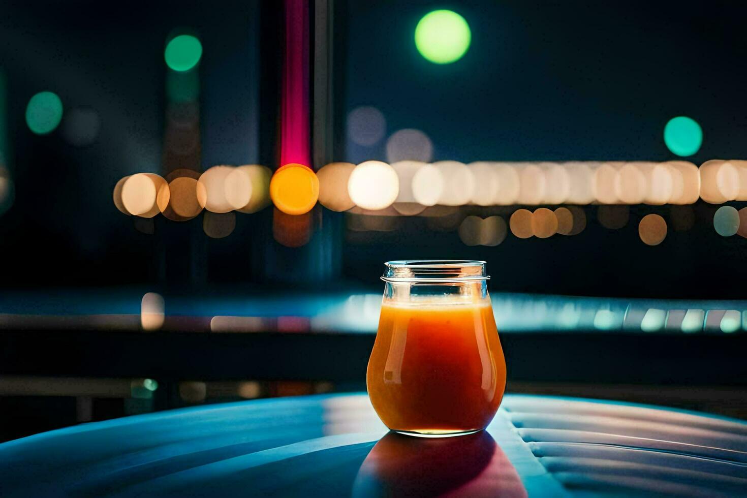 une verre de Orange jus séance sur une table dans de face de une ville ligne d'horizon. généré par ai photo