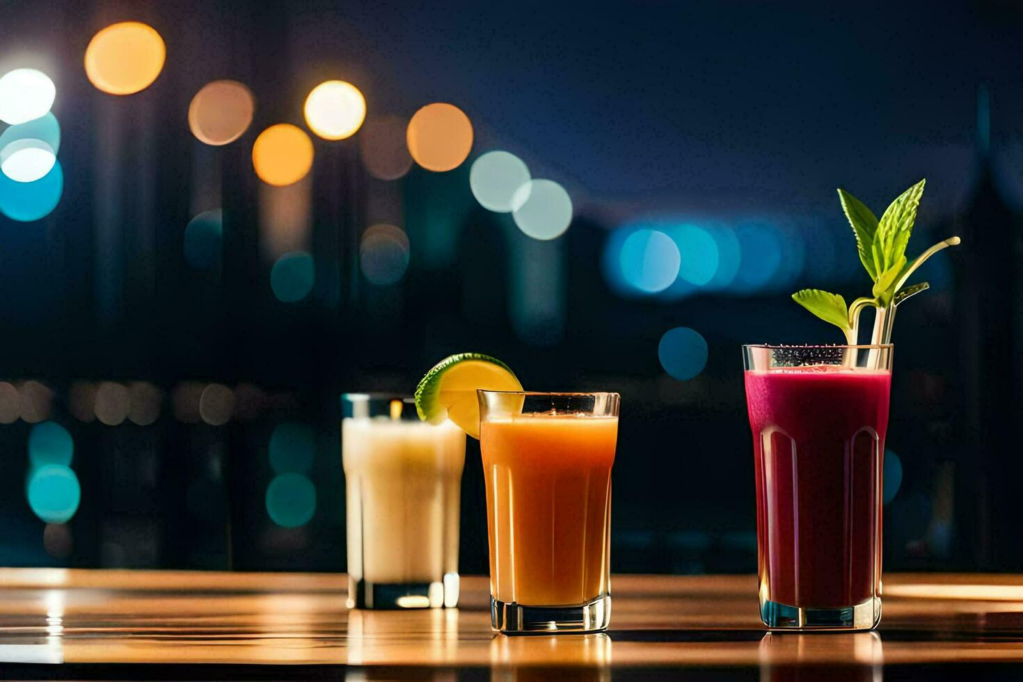 Trois différent les boissons sont séance sur une table dans de face de une ville ligne d'horizon. généré par ai photo