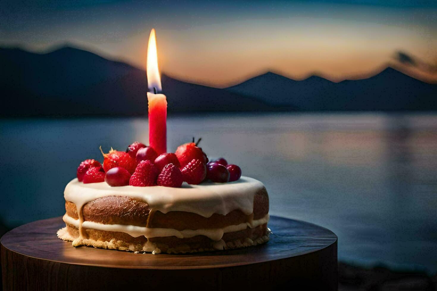 une gâteau avec une Célibataire bougie sur Haut de il. généré par ai photo