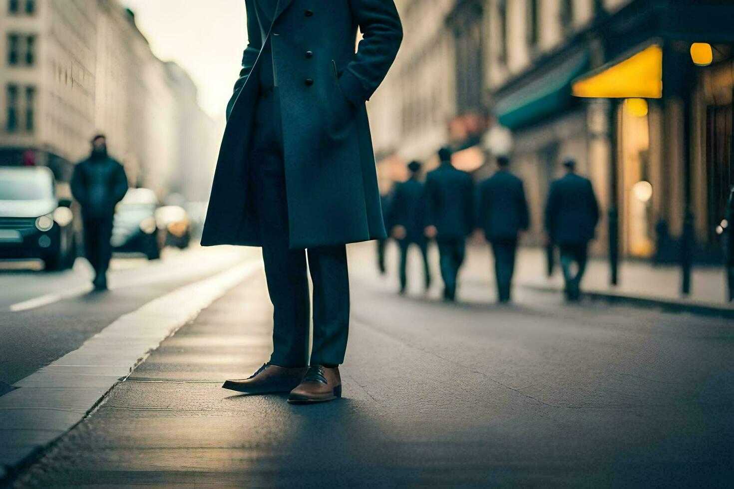 une homme dans une manteau permanent sur une ville rue. généré par ai photo