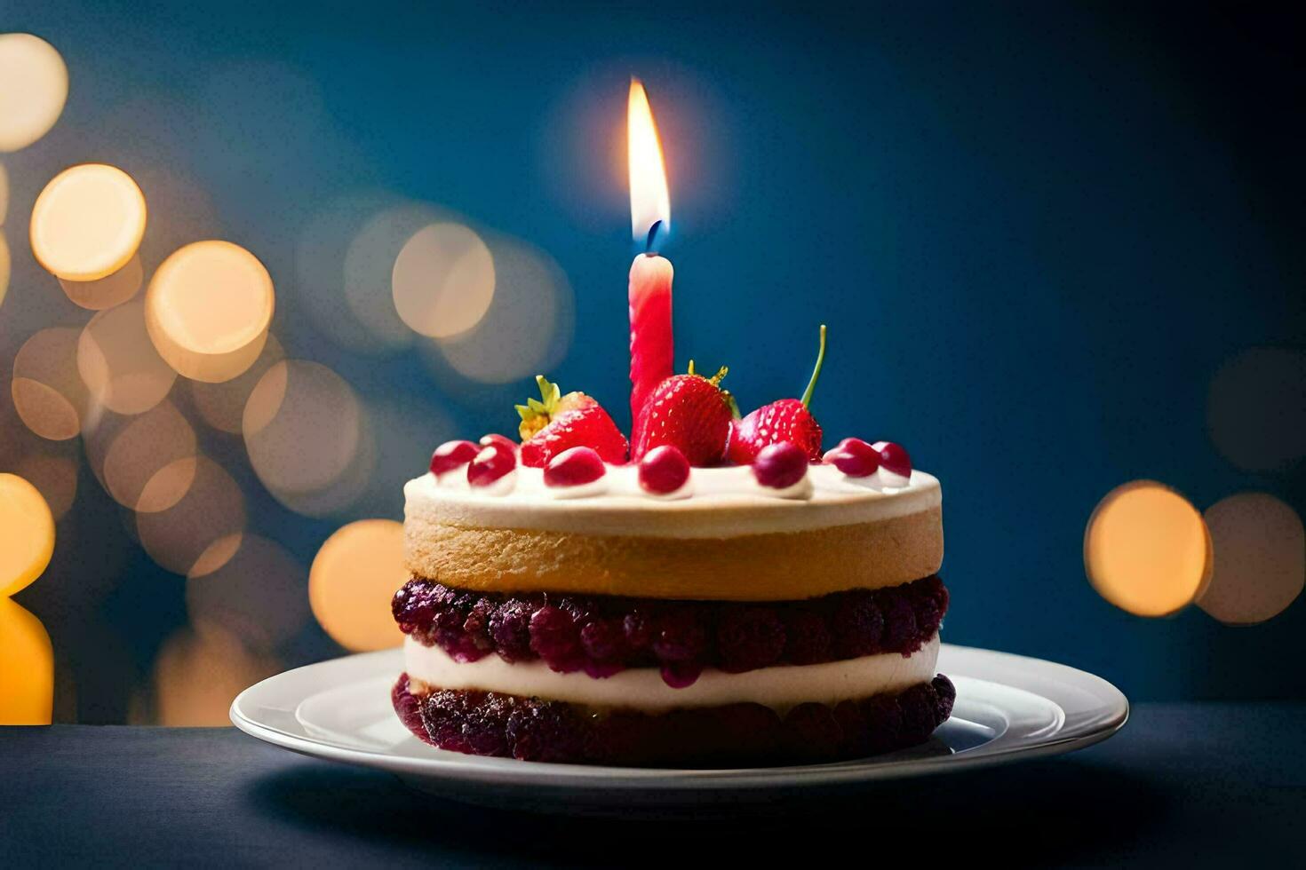 une anniversaire gâteau avec une allumé bougie. généré par ai photo