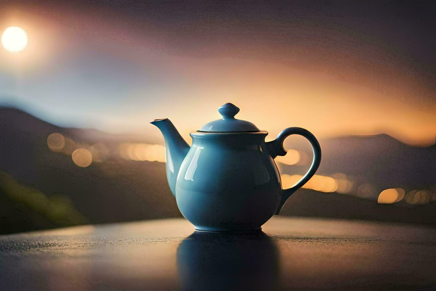 une théière séance sur une table dans de face de une le coucher du soleil. généré par ai photo