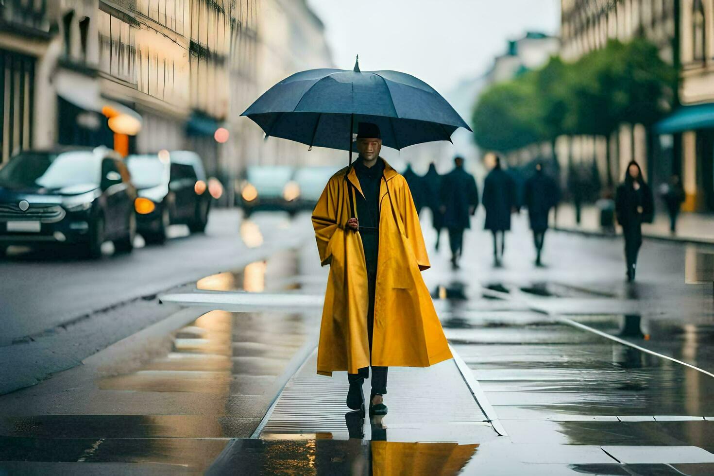 une femme dans une Jaune manteau et noir parapluie en marchant vers le bas une rue. généré par ai photo