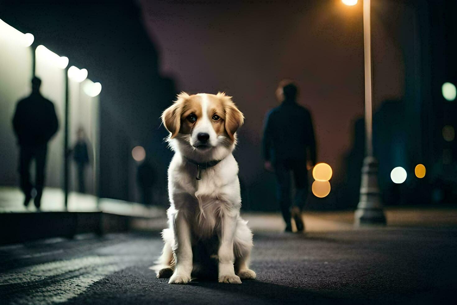 une chien séance sur le rue à nuit. généré par ai photo