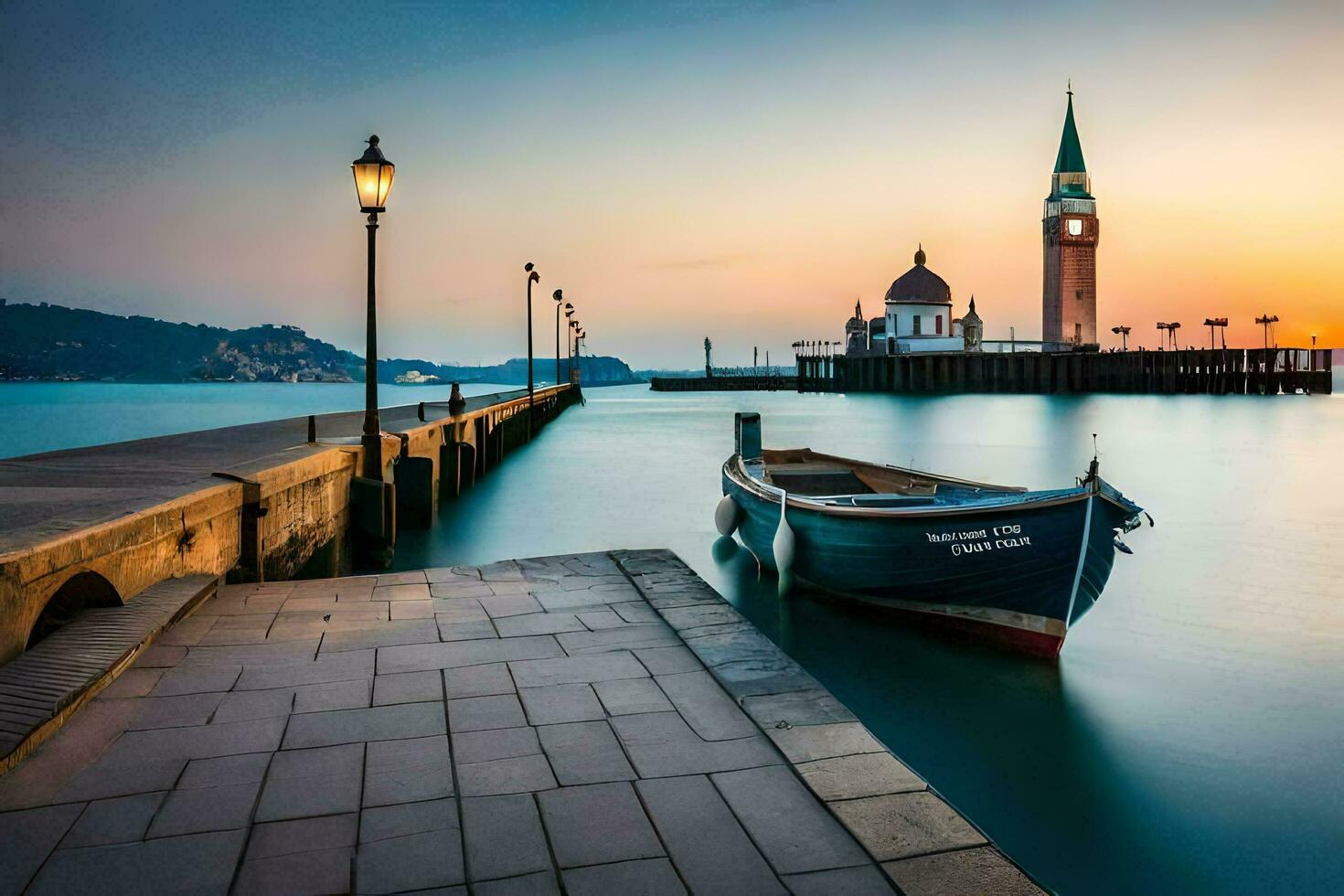 une bateau est assis sur le Dock à le coucher du soleil avec une église dans le Contexte. généré par ai photo