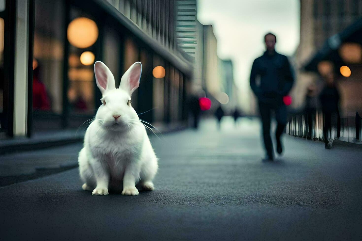 une blanc lapin est séance sur le rue. généré par ai photo