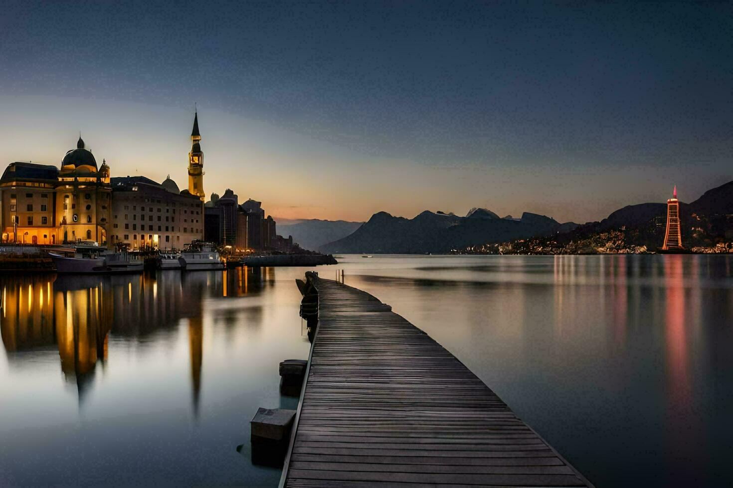 une jetée dans le milieu de une Lac à crépuscule. généré par ai photo