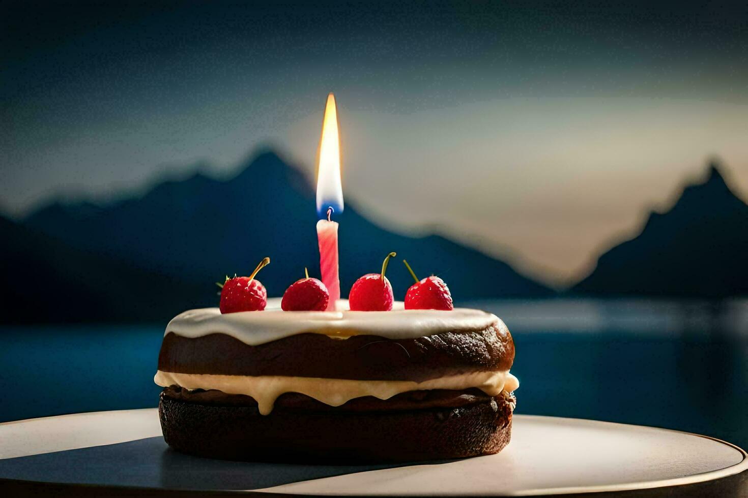 une Chocolat gâteau avec une Célibataire bougie sur Haut. généré par ai photo