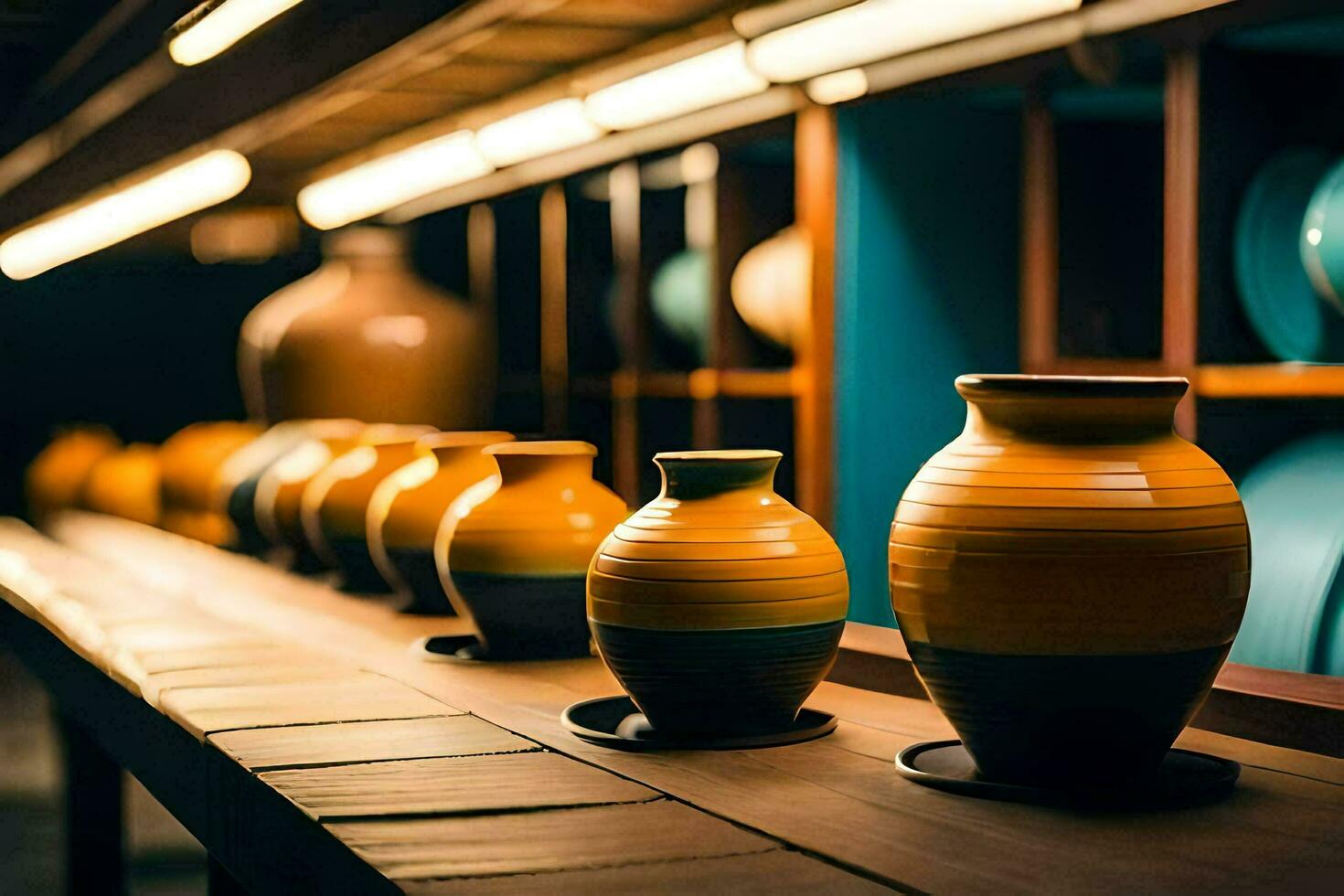 une rangée de des vases sur une en bois tableau. généré par ai photo