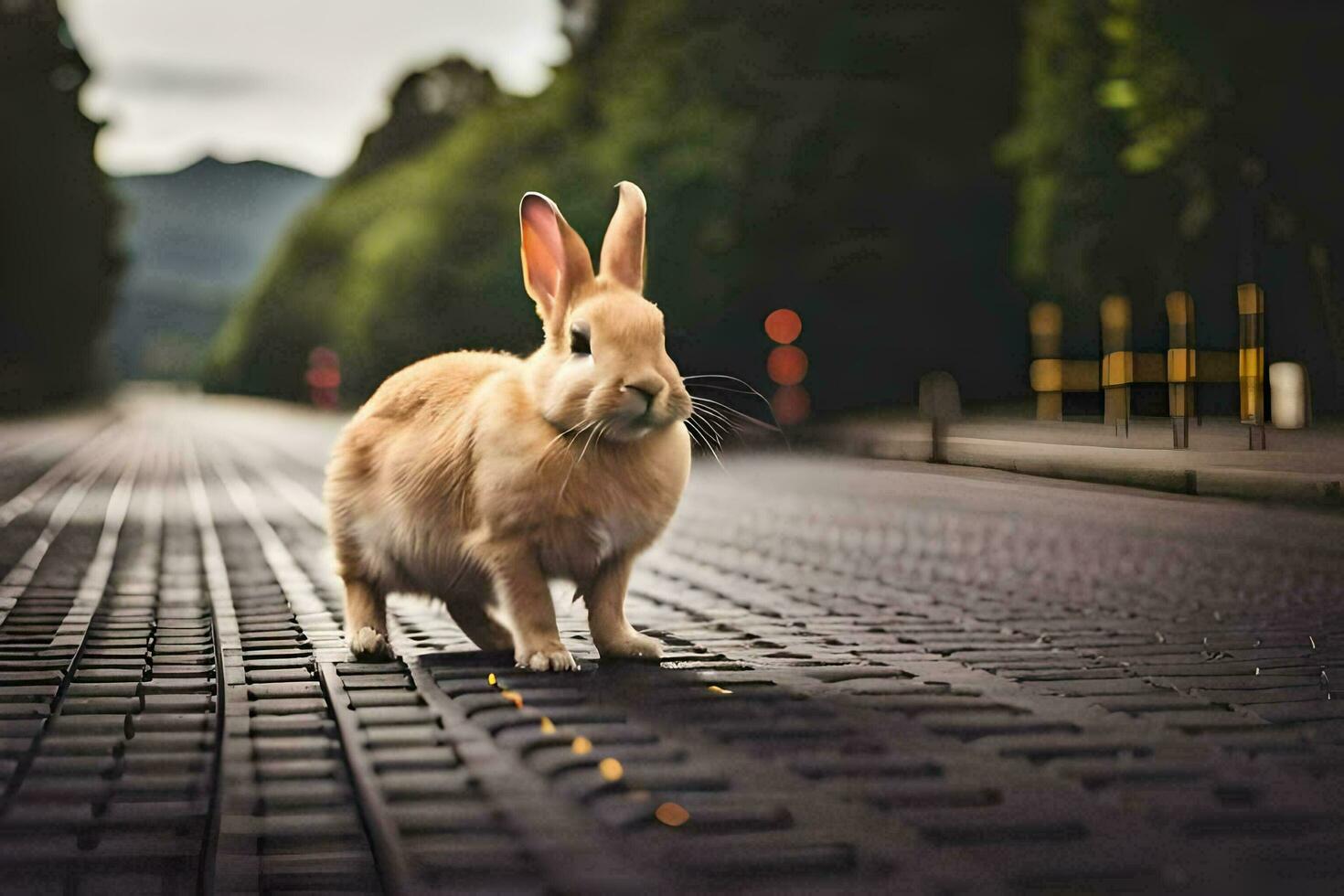 une lapin est permanent sur une route dans le milieu de le journée. généré par ai photo