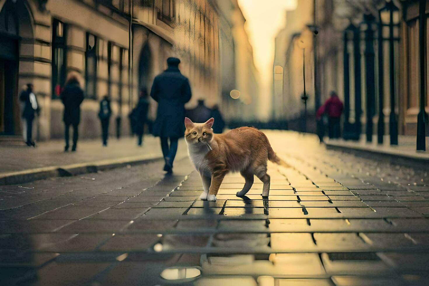 une chat en marchant vers le bas une rue dans le ville. généré par ai photo